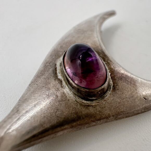 Sigi Pineda Taxco Abstract Fish Brooch Modern Sterling Silver Amethyst Vintage - Picture 4 of 13